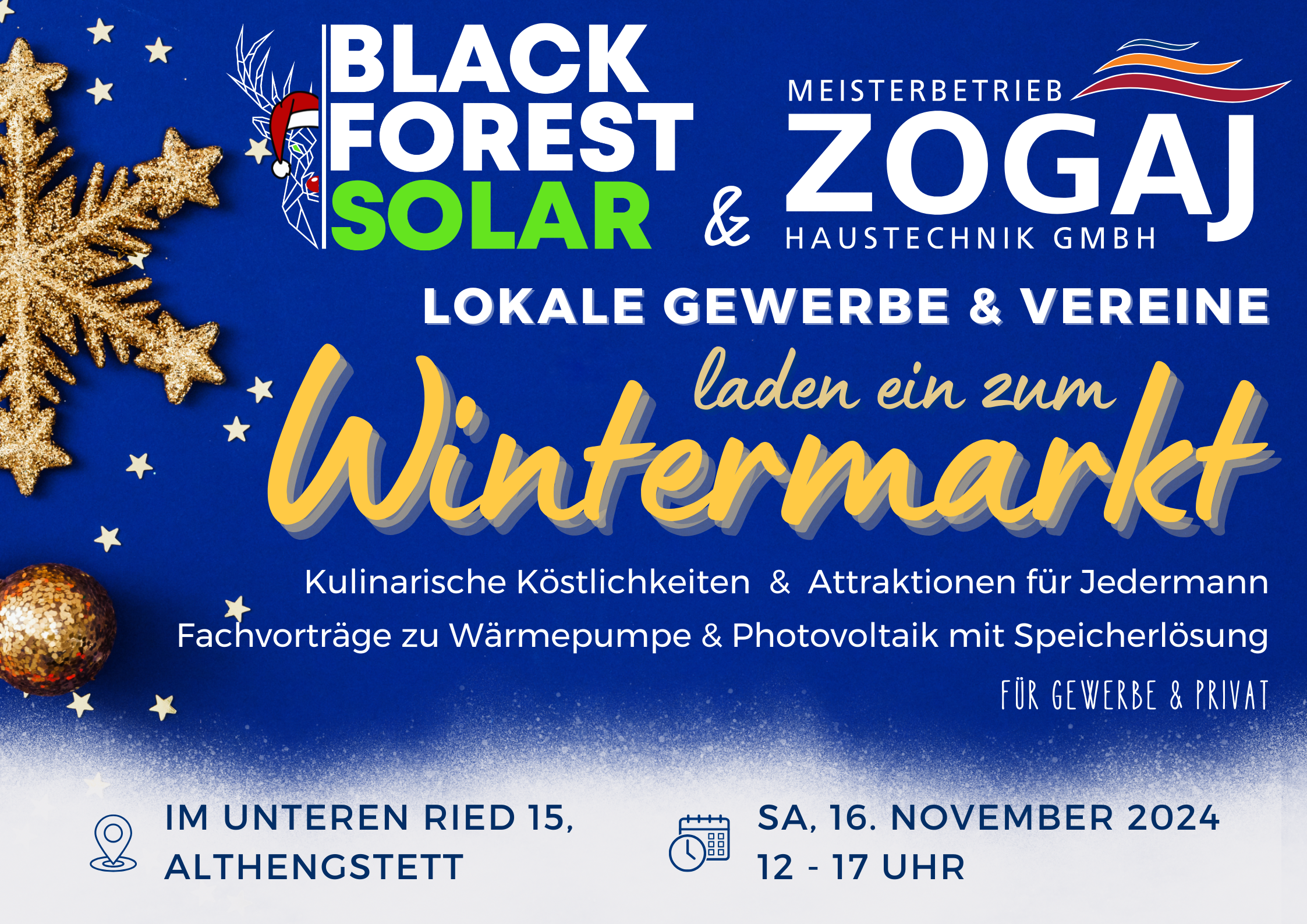 Wintermarkt in Althengstett mit festlicher Atmosphäre, wo lokale Gewerbe und erneuerbare Energien, wie Photovoltaik, im Mittelpunkt stehen.